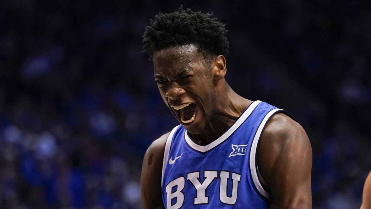 BYU Cougars forward AJ Dybantsa (3) reacts during the first half against the Utah Utes at Marriott Center.