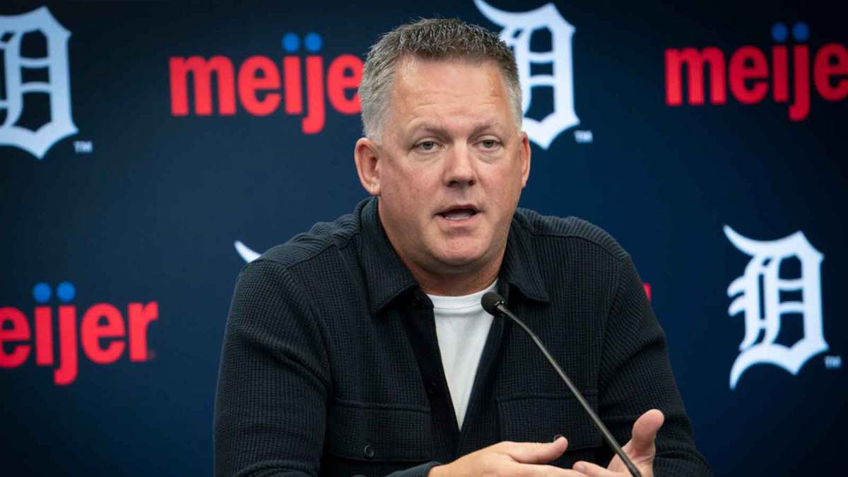 Detroit Tigers manager A.J. Hinch speaks in an end-of-season press conference at Comerica Park on Monday, Oct. 13, 2025.