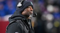 New York Jets head coach Aaron Glenn looks on during the second half against the Buffalo Bills at Highmark Stadium.