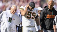 Miami Hurricanes defensive lineman Ahmad Moten Sr. (99) walks off the field during the game between the Aggies and the Hurricanes at Kyle Field.