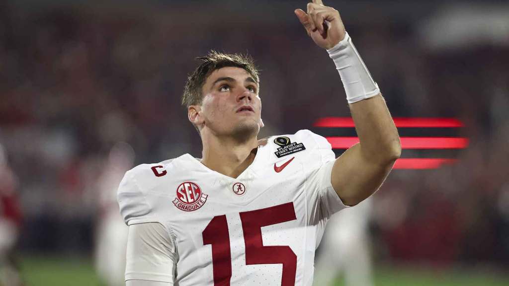Alabama Crimson Tide quarterback Ty Simpson (15) gestures prior to a game against the Oklahoma Sooners at Gaylord Family OK Memorial Stadium.