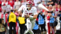 Alabama Crimson Tide quarterback Ty Simpson (15) looks to pass against the Indiana Hoosiers in the first half of the 2026 Rose Bowl and quarterfinal game of the College Football Playoff at Rose Bowl Stadium.