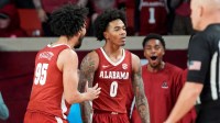 Alabama guard Houston Mallette (95) and Labaron Philon (0) celebrate in the second half of the men's college basketball game between the University of Oklahoma Sooners and the Alabama Crimson Tide, Saturday Jan. 17, 2026.