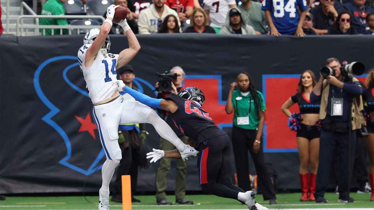 Indianapolis Colts wide receiver Alec Pierce (14) is pushed out of bounds by Houston Texans cornerback Ja'marcus Ingram (42) during the second half at NRG Stadium