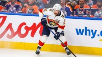 Florida Panthers center Aleksander Barkov (16) controls the puck against the Edmonton Oilers during the second period in game five of the 2025 Stanley Cup Final at Rogers Place