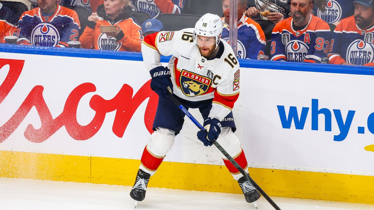 Florida Panthers center Aleksander Barkov (16) controls the puck against the Edmonton Oilers during the second period in game five of the 2025 Stanley Cup Final at Rogers Place