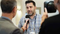 Atlanta Braves general manager Alex Anthopoulos answers questions from the media during the MLB GM Meetings at The Conrad Las Vegas.