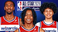 Alex Sarr, Kyshawn George, and Tre Johnson smile next to 2026 All-Star Weekend logo