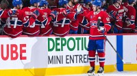 Montreal Canadiens left wing Alexandre Texier (85) celebrates with his teammates at the bench his goal against the Florida Panthers during the second period at Bell Centre.