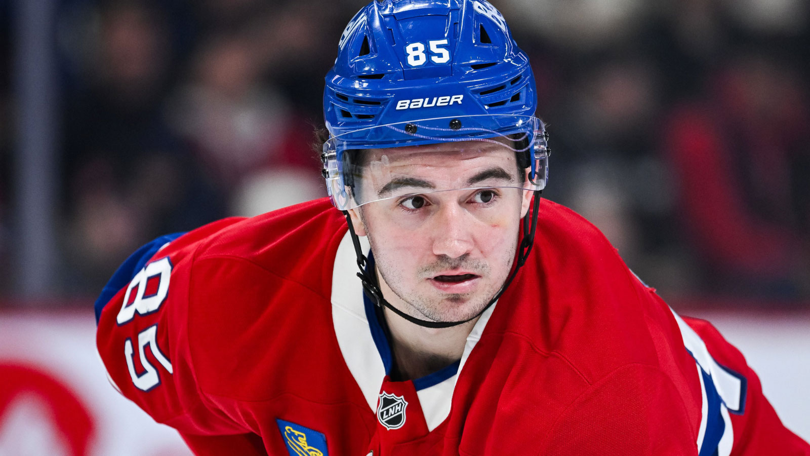 Montreal Canadiens left wing Alexandre Texier (85) waits for a face-off against the Vancouver Canucks during the second period at Bell Centre.