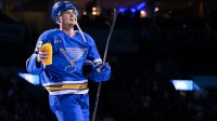 St. Louis Blues right wing Alexey Toropchenko (13) salutes the fans after he was named first star of the game after a victory over the Vegas Golden Knights at Enterprise Center.