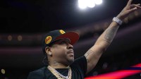Former Philadelphia 76ers and hall of fame member Allen Iverson is introduced during the second quarter against the Brooklyn Nets at Wells Fargo Center.