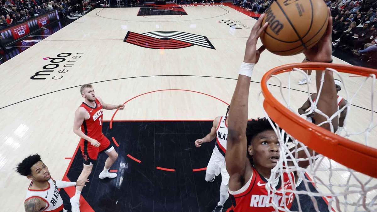 Amen Thompson's highlight delivers a viral moment, but the Rockets fall 103–102 to the Blazers in a dramatic finish.