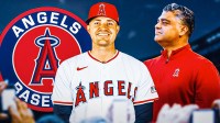 IMAGE: Detroit Tigers starting pitcher Tarik Skubal with a jersey swap to a Los Angeles Angels jersey on the left side, Los Angeles Angels general manager Perry Minasian on the right side, Los Angeles Angels logo in the center, Angel Stadium (home stadium of the Los Angeles Angels) in the background