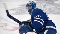 Toronto Maple Leafs goalie Anthony Stolarz (41) warms up before playng the Boston Bruins at Scotiabank Arena.
