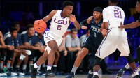LSU Tigers guard Antonio Blakeney (2) dribbles as Old Dominion Monarchs guard Jordan Baker (0) defends during the first half in the 2016 Battle 4 Atlantis in the Imperial Arena at the Atlantis Resort.