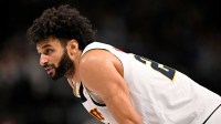 Denver Nuggets guard Jamal Murray (27) looks on during the second half against the Dallas Mavericks at the American Airlines Center.