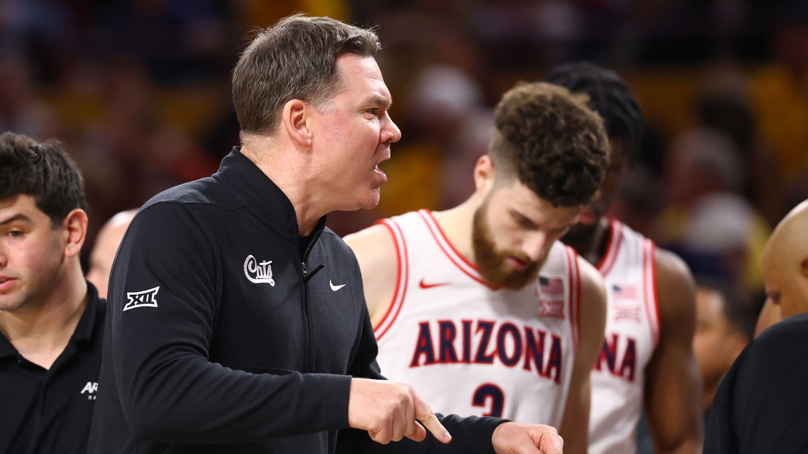 Arizona Wildcats head coach Tommy Lloyd against the Arizona State Sun Devils in the second half at Desert Financial Arena.