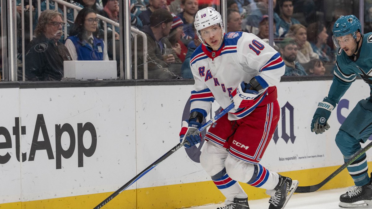 New York Rangers left wing Artemi Panarin (10) looks to pass the puck during the third period against the San Jose Sharks at SAP Center at San Jose.