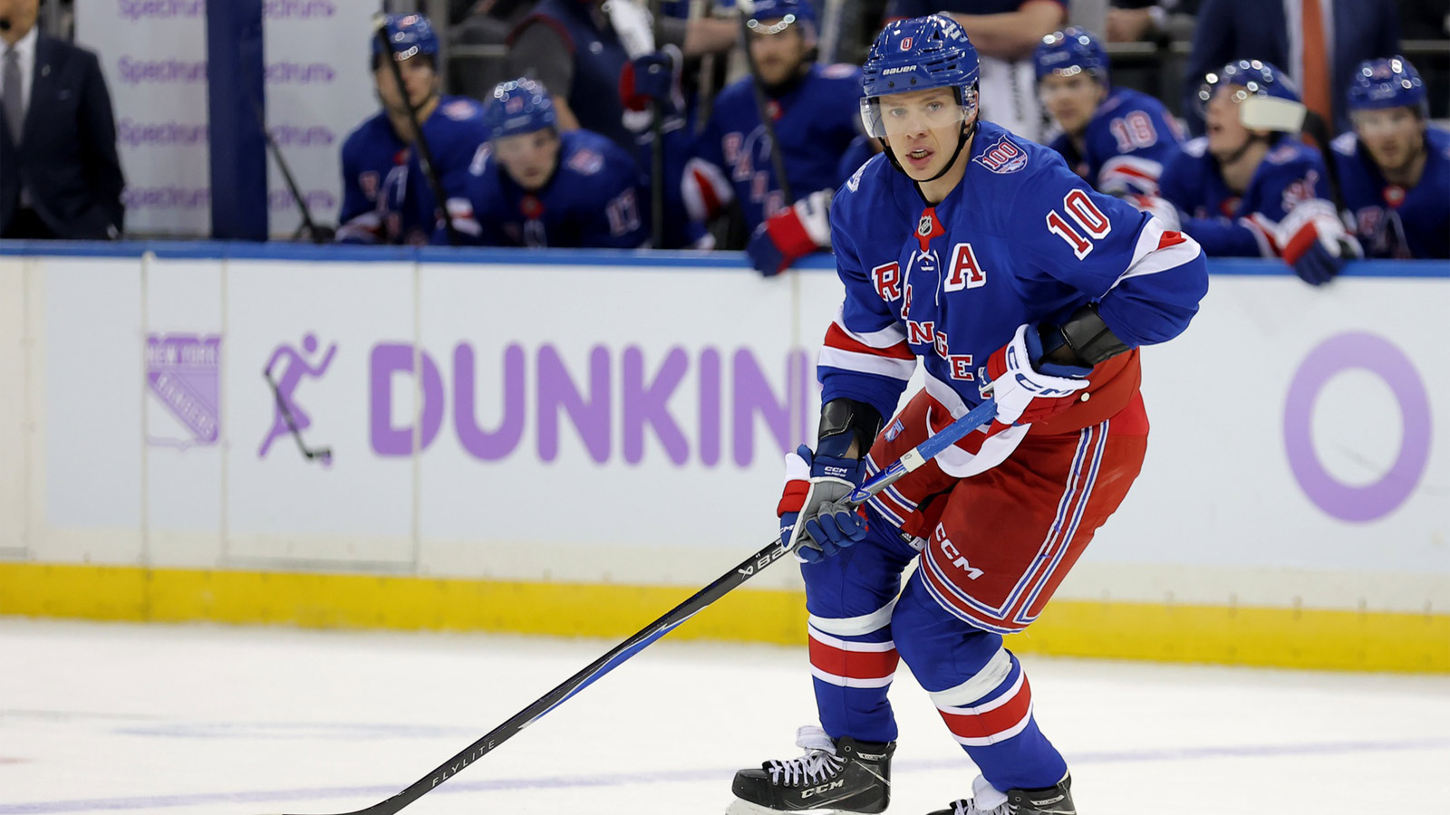 New York Rangers left wing Artemi Panarin (10) skates with the puck against the Utah Mammoth during the second period at Madison Square Garden