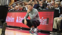 Auburn Tigers head coach Steven Pearl watches his team against the Arkansas Razorbacks during the first half at Neville Arena.