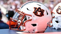 A detailed view of an Auburn Tigers helmet on the sideline of the game against the Texas A&M Aggies at Kyle Field.