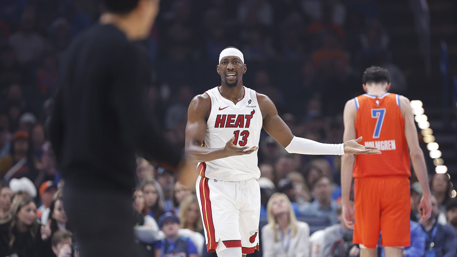 Miami Heat center/forward Bam Adebayo (13) reacts after a call on him during a play against the Oklahoma City Thunder during the first quarter at Paycom Center. 