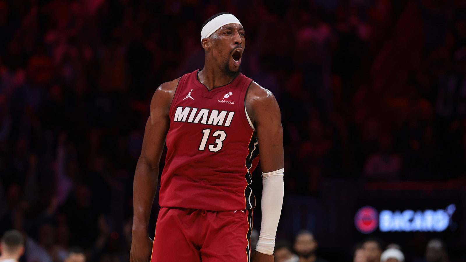 Miami Heat center Bam Adebayo (13) reacts after scoring against the Phoenix Suns during the fourth quarter at Kaseya Center. 