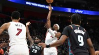 Miami Heat center Bam Adebayo (13) puts up a shot over Detroit Pistons forward Isaiah Stewart (28) in the third quarter at Little Caesars Arena.