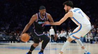 Miami Heat center Bam Adebayo (13) drives to the basket against Oklahoma City Thunder center Chet Holmgren (7) during the third quarter at Kaseya Center.