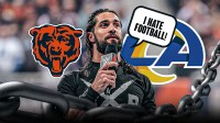 Chicago Bears logo and superfan Seth Rollins saying I Hate Football and Los Angeles Rams logo.