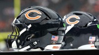 A general view of Chicago Bears helmets before the start of the game against Las Vegas Raiders at Allegiant Stadium.