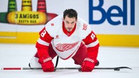 Detroit Red Wings defenseman Ben Chiarot (8) stretches during warm-up before the game against the Montreal Canadiens at Bell Centre.