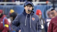 Chicago Bears head coach Ben Johnson looks on from the sideline against the Detroit Lions during the first half at Soldier Field.
