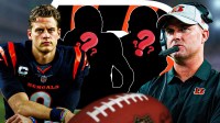 Cincinnati Bengals head coach Zac Taylor with QB Joe Burrow and two silhouettes of American football players with big question mark emojis inside. There is also a logo for the Cincinnati Bengals.
