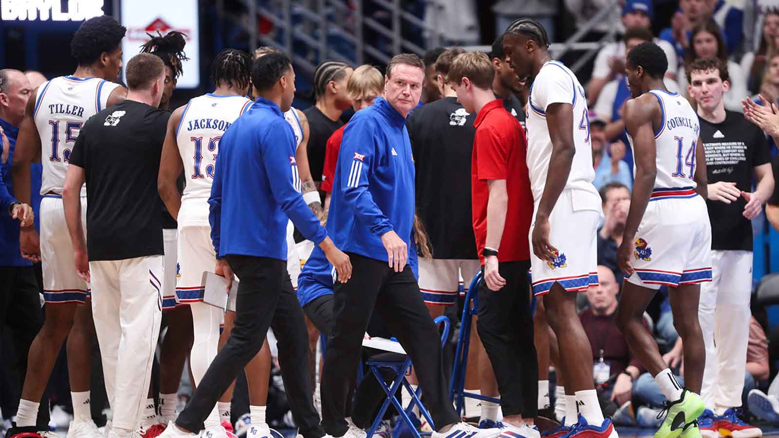 Kansas Jayhawks head coach Bill Self looks back at the Baylor Bears bench during the game inside Allen Fieldhouse on Jan. 16, 2026.