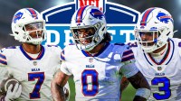 KC Concepcion (Texas A&M), Jordyn Tyson (Arizona State), and TJ PArker (Clemson) all in Buffalo Bills uniforms (with numbers) in front of an 2026 NFL mock Draft background
