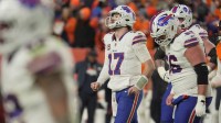 Buffalo Bills quarterback Josh Allen is disappointed in having to try for a field goal to tie the game after several unsuccessful drives to the end zone during second half action at Empower FIeld at Mile High in Denver, Colorado on Jan. 17, 2026.