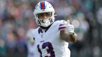 Buffalo Bills wide receiver Gabe Davis (13) gestures during the first half against the Jacksonville Jaguars in an AFC Wild Card Round game at EverBank Stadium.