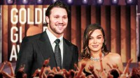 Buffalo Bills quarterback Josh Allen and Hailee Steinfeld with Golden Globes stage behind them.