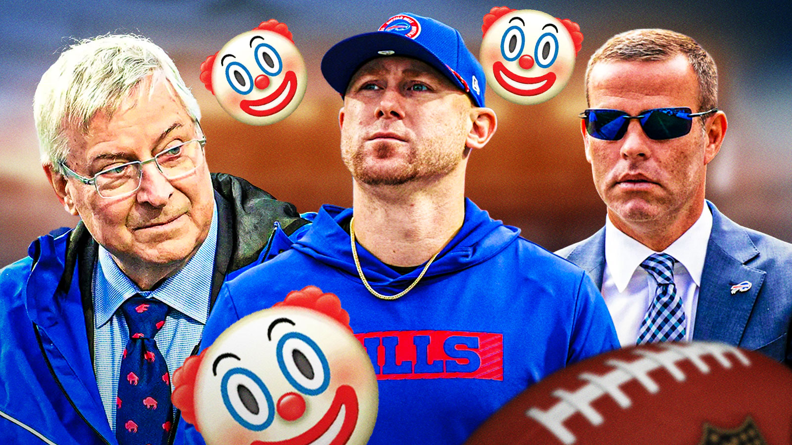Bills' Joe Brady (coach), Terry Pegula (owner) and Brandon Beane (GM) with clown emojis all around them