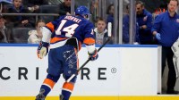 New York Islanders center Bo Horvat (14) skates off the ice after a lower body injury during the second period against the Anaheim Ducks at UBS Arena.
