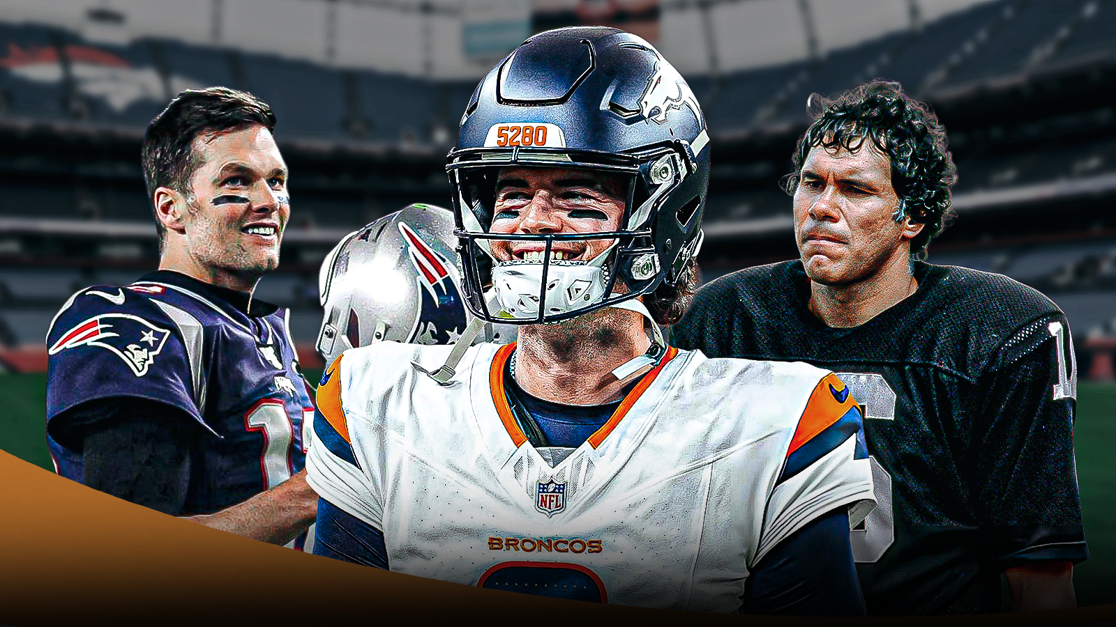 Jarrett Stidham front and center. On one side of him is a Young Tom Brady on the Patriots, on the other side is Jim Plunkett on the Raiders.