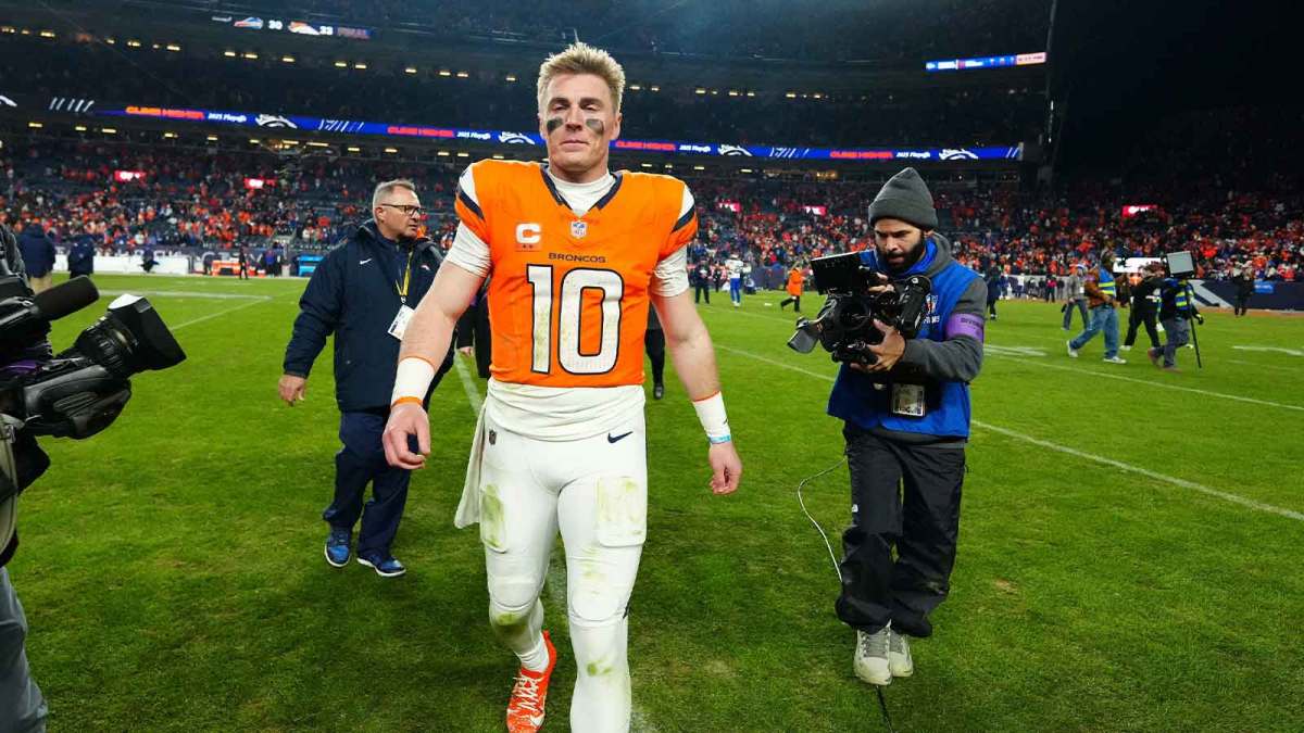 Denver Broncos quarterback Bo Nix (10) reacts after winning an AFC Divisional Round playoff game against the Buffalo Bills at Empower Field at Mile High.