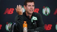 Sep 29, 2025; Boston, MA, USA; Boston Celtics president of basketball operations Brad Stevens talks to reporters during media day at the Auerbach Center. Mandatory Credit: David Butler II-Imagn Images