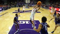 Nebraska Cornhuskers forward Braden Frager (5) goes to the basket against the Northwestern Wildcats during the second half at Welsh-Ryan Arena.