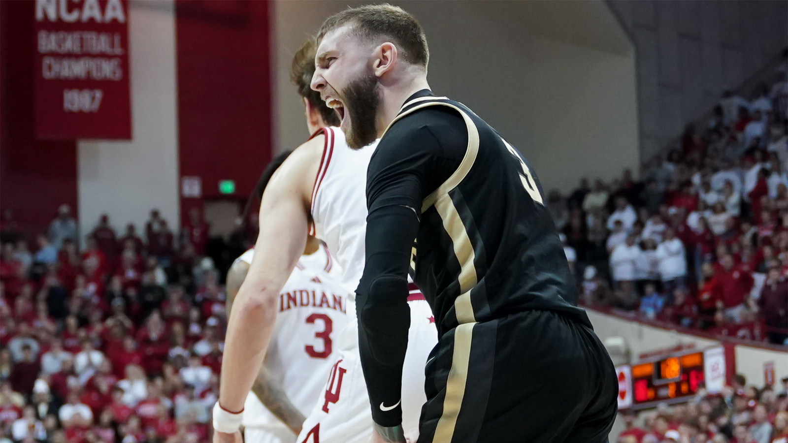 Purdue Boilermakers guard Braden Smith (3) celebrates after a play against the Indiana Hoosiers during the first half at Simon Skjodt Assembly Hall.