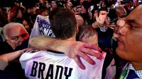 New England Patriots head coach Bill Belichick and quarterback Tom Brady (12) celebrate after beating the Los Angeles Rams in Super Bowl LIII at Mercedes-Benz Stadium.
