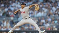 Boston Red Sox starting pitcher Brayan Bello (66) throws a pitch during the first inning against the New York Yankees during game two of the Wildcard round for the 2025 MLB playoffs at Yankee Stadium.