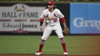 St. Louis Cardinals second baseman Brendan Donovan (21) take his position against the Cincinnati Reds in the sixth inning at Busch Stadium.